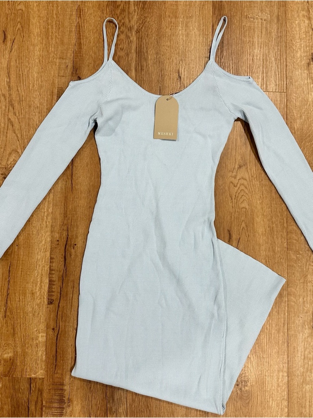 Meshki Pale light Blue Cold-Shoulder Ribbed Maxi Dress